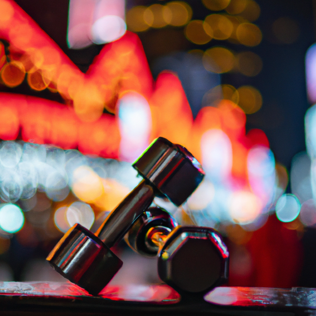 Photograph of dumbbells at Times Square during New Year's Eve. Bokeh