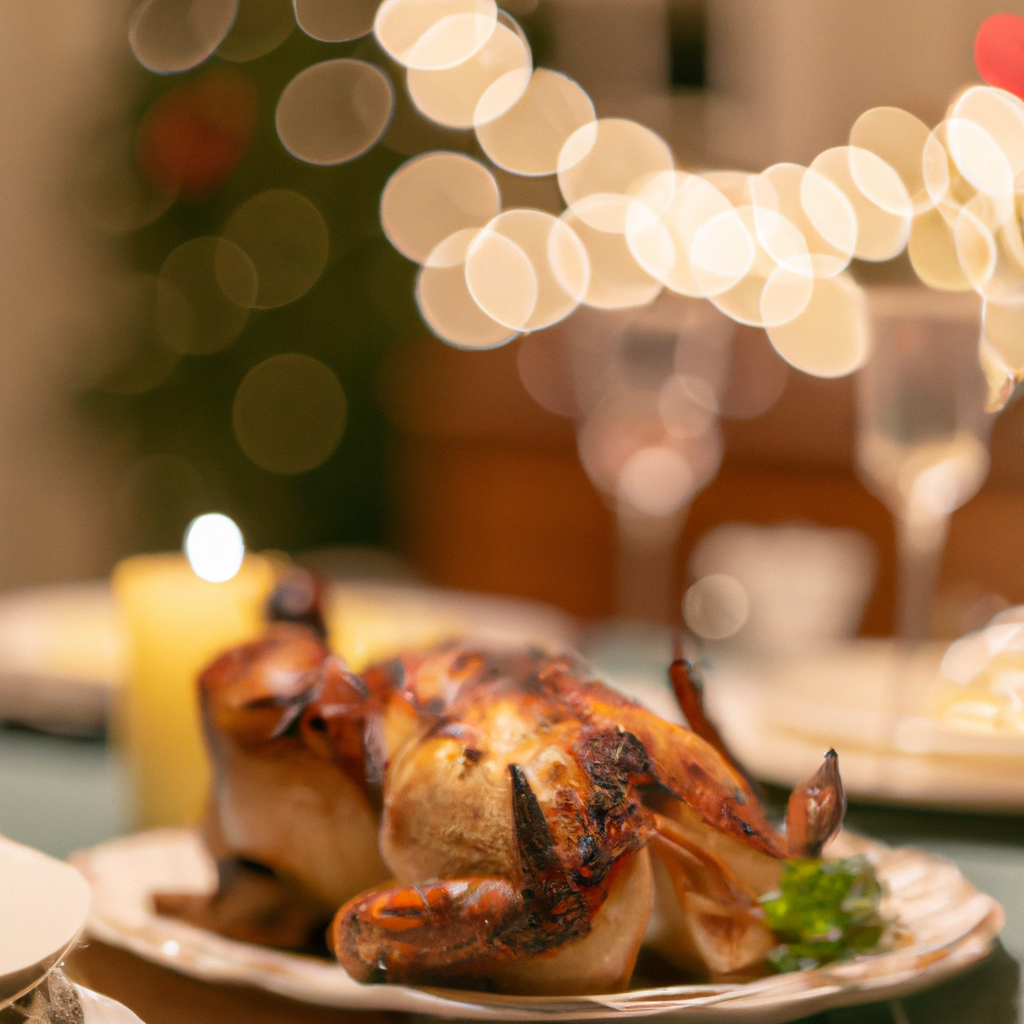 Photograph of gourmet roasted chicken on a table in a southern-style home. Bokeh